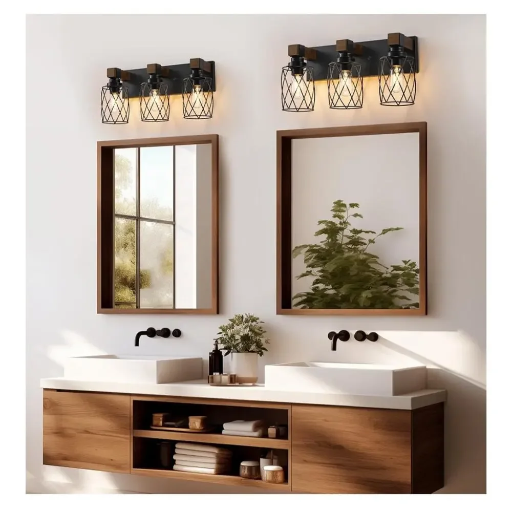 XvmBvm 3 Light Farmhouse Vanity Light Rustic Wood Black Metal E26